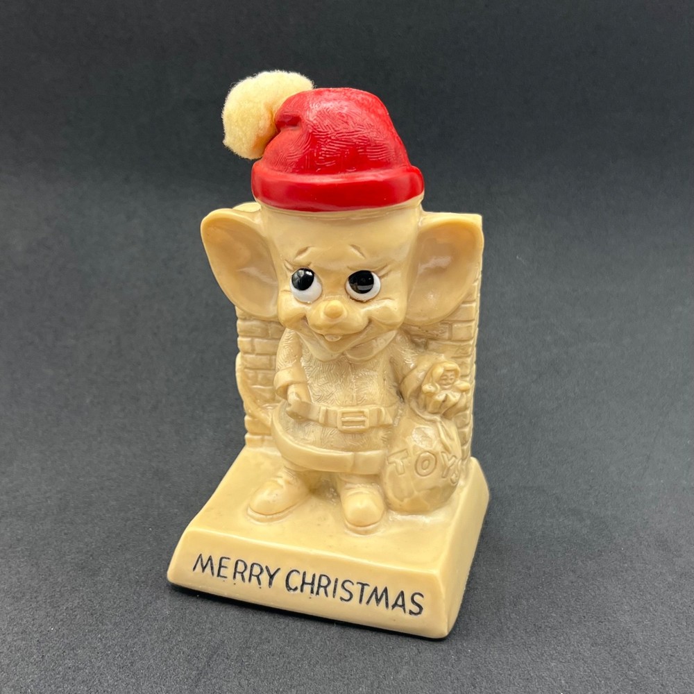 Vintage 1969 Russ Berrie Merry Christmas Santa Mouse Figurine Message Statue
