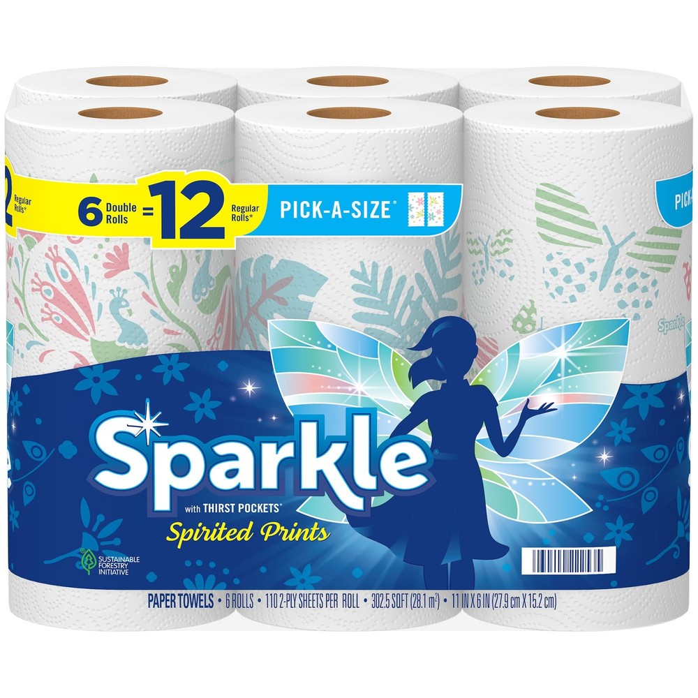 Sparkle Pick-A-Size Paper Towels Spirited Prints 6 Double Rolls 12 Regular Rolls