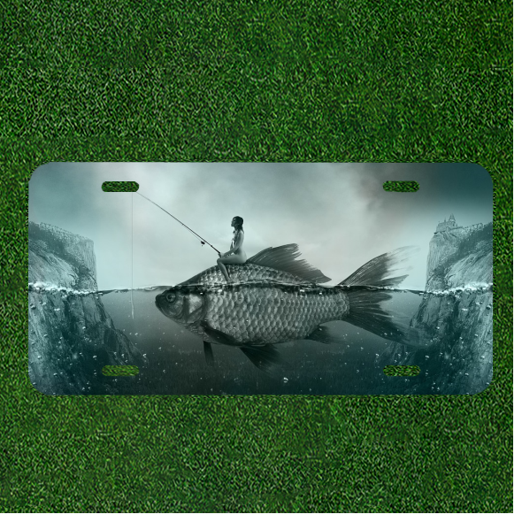 Custom Personalized License Plate Auto Tag With Lady Fishing On Huge Fish Design