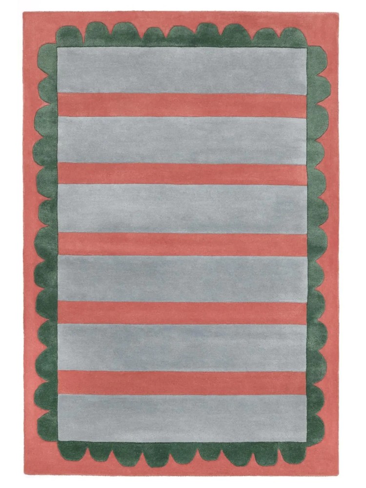 Hand Tufted Striped Rug with Scalloped Border – Modern Colorful Area Carpet