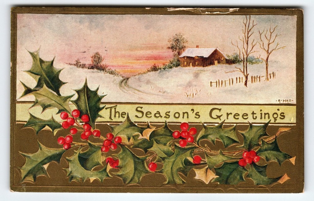 1911 Vintage Christmas Postcard Winter Scene & Holly The Season's Greetings