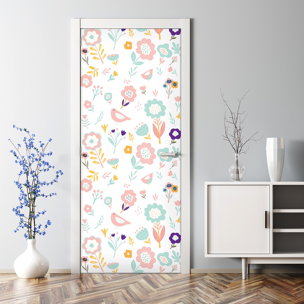 Bubble Free Door sticker Sparrows with flowers Floral Wall Covering Watercolour