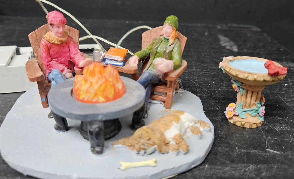 Lemax Around The Fire Lighted Table & Christmas Bird Bath Set of 2-image