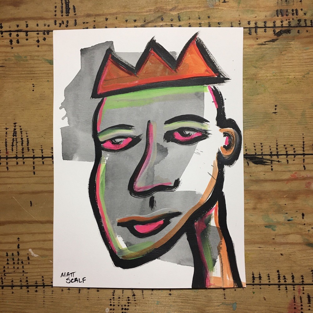 Matt Scalf 9x12 ORIGINAL PAINTING Face Abstract Street Pop Art Graffiti Crown-image