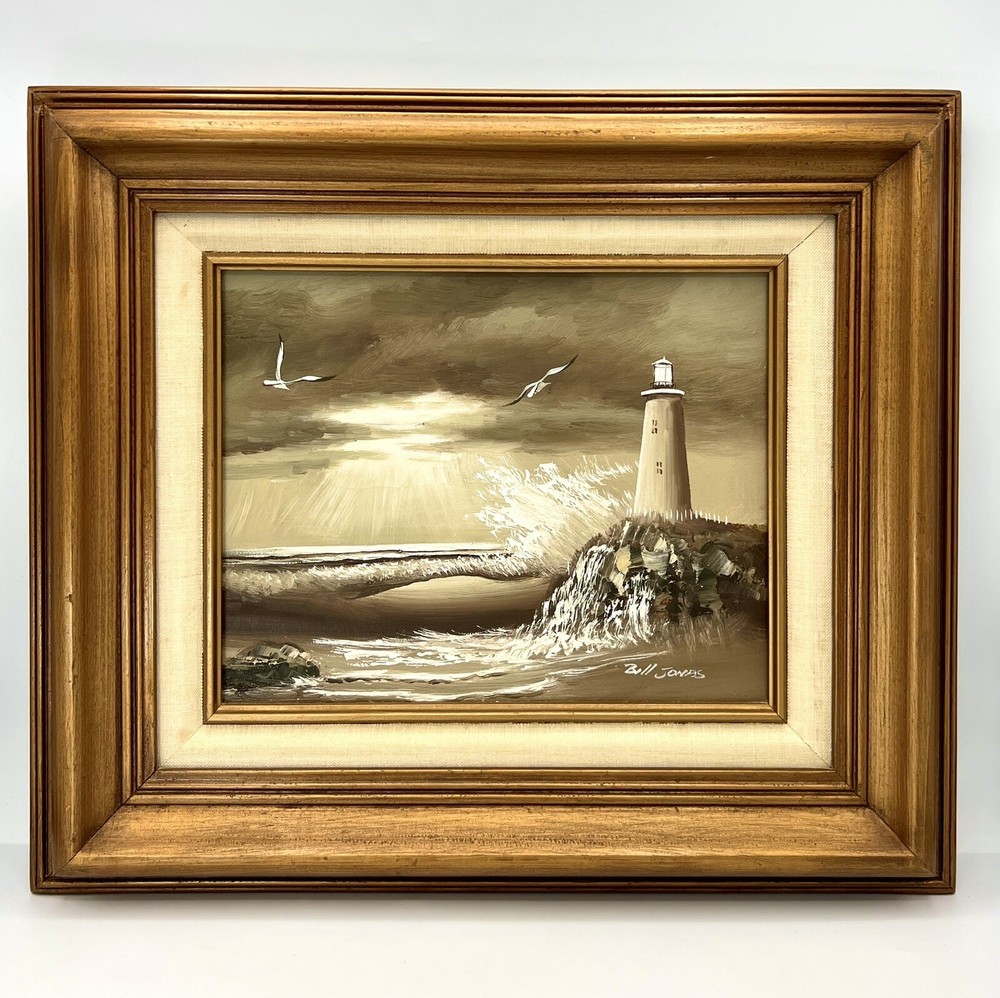 Jonas Bill Pounding Surf Light House Hand Signed Oil Painting 10X7 W/Certificate