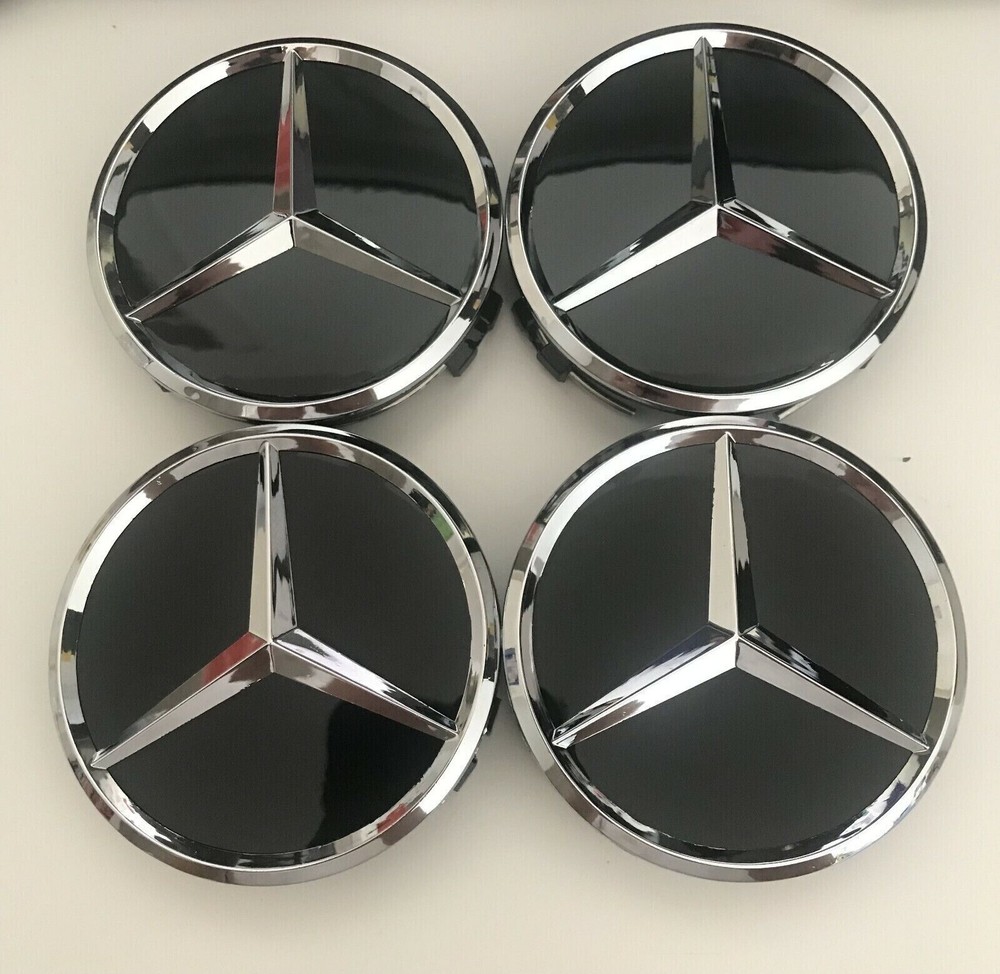 4X Hub Cover 75mm GLOSSY BLACK / Mercedes Logo Emblem Rim Wheel Center