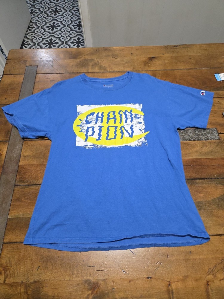 Champion Men's Graphic T-Shirt Large L Blue Yellow Glitch Script Spellout Tee