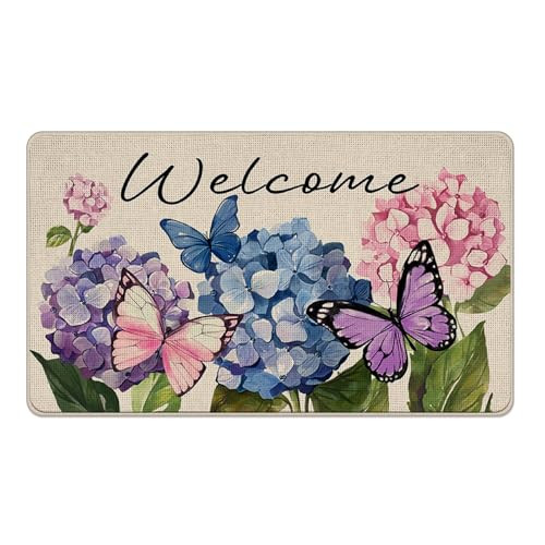 Spring Summer Hydrangea Floral Front Door Mat - Decorative & Stylish Entryway Rug for Seasonal Home Decor
