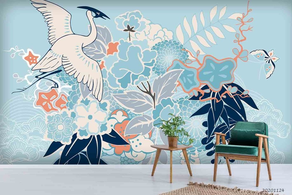 3D Japanese Flower Cranes Illustration Wall Murals Wallpaper Murals Wall Sticker