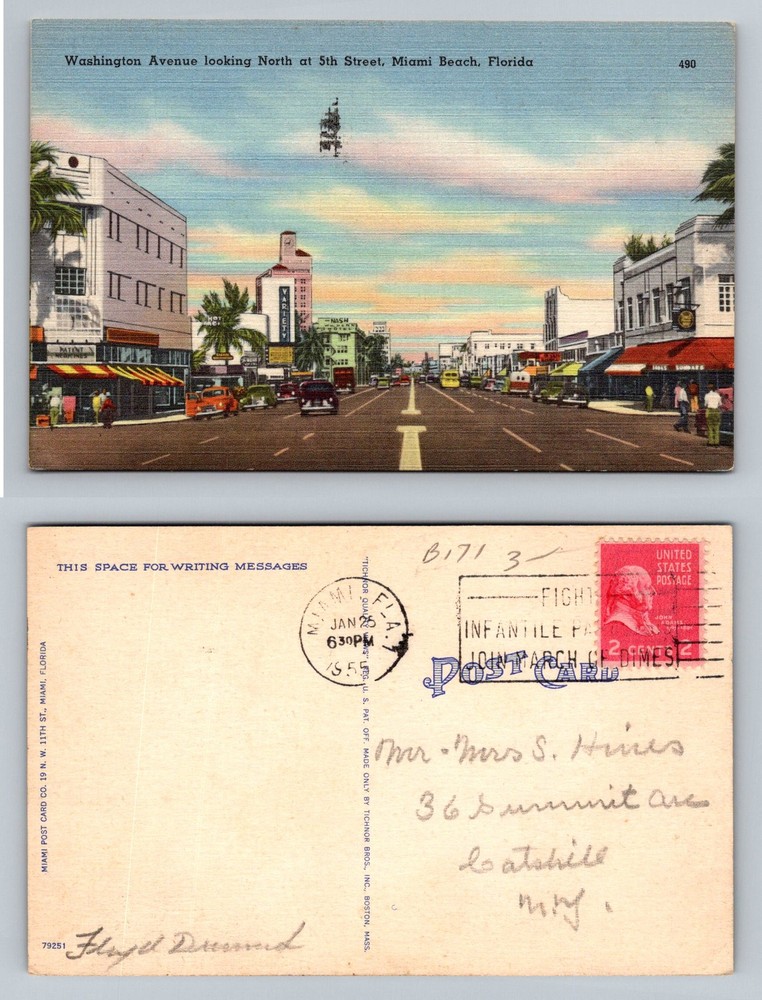 Miami Beach, FL-Florida, Washington Ave 5th Street View Vintage c1955 Postcard