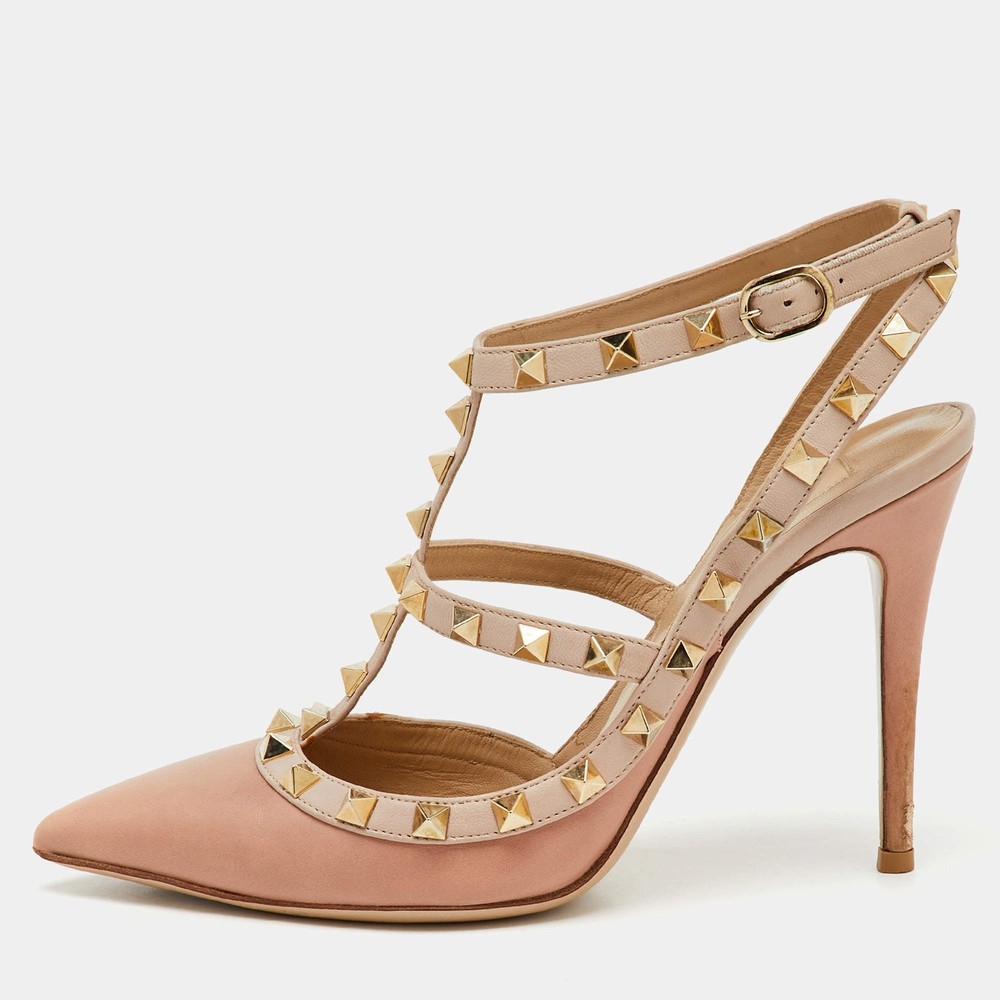 Valentino BeigePink Leather Rockstud Caged Pumps Size 37.5