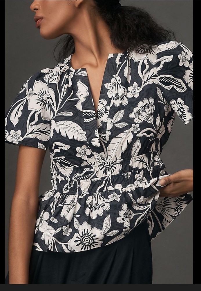 Anthropologie The Somerset Flattering Blouse Dark Floral Gray & Black, Size XXS