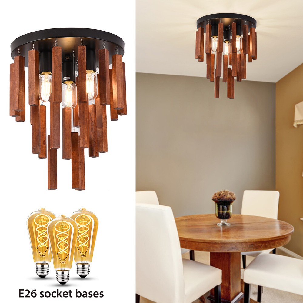 Rustic Oak Wood Round Drum Semi Flush Mount Ceiling Light Farmhouse Style