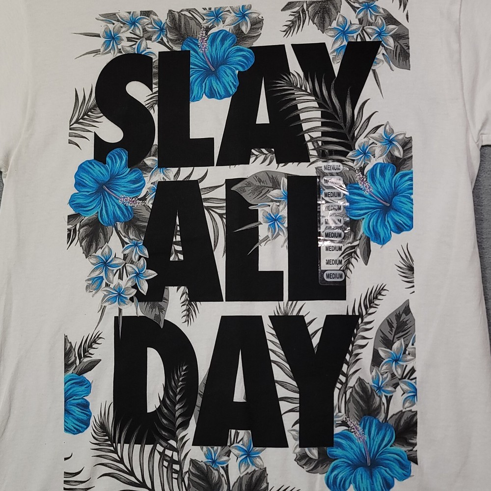 Popular Poison T Shirt Mens Medium White Slay All Day Blue Floral NWOT