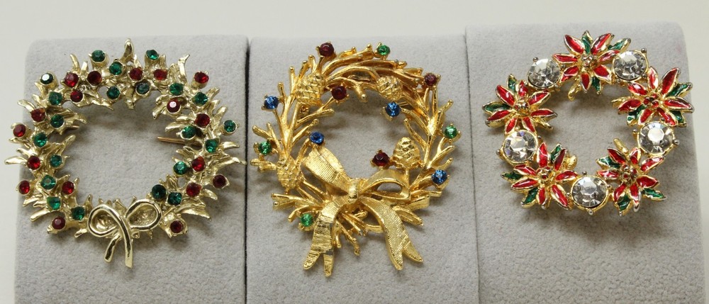 Colorful Rhinestone Christmas Holiday Wreath Jewelry Brooches/Pins - Lot of 3