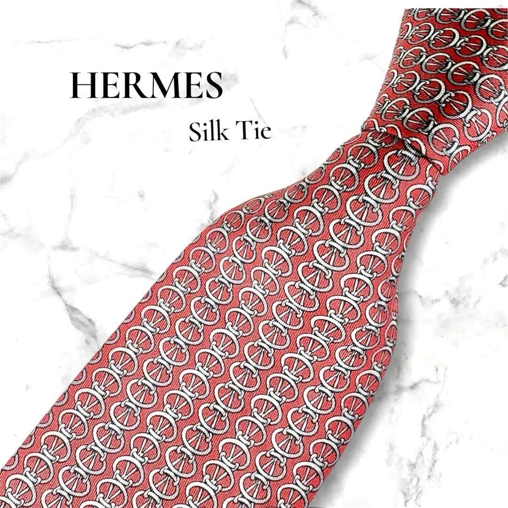 HERMES Necktie Tie Red 100% Silk All over chain pattern Made in France Used