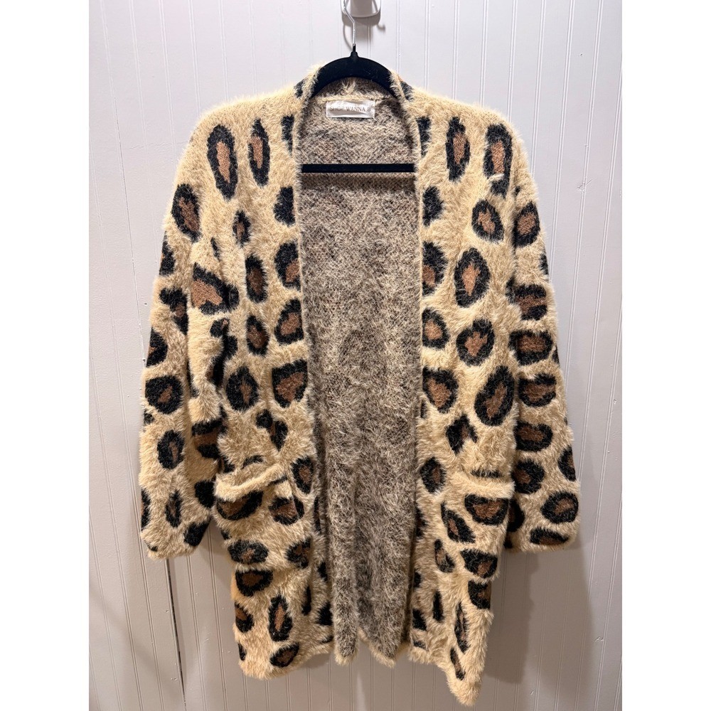Shop Wanna B Leopard Print Fuzzy Eyelash Knit Open Front Cardigan Sweater Tan