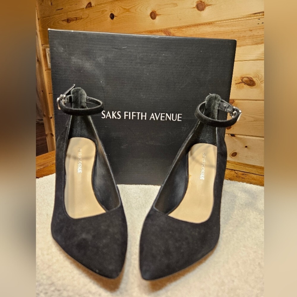 Saks Fifth Avenue Black Suede Ankle Strap Heels Size 5
