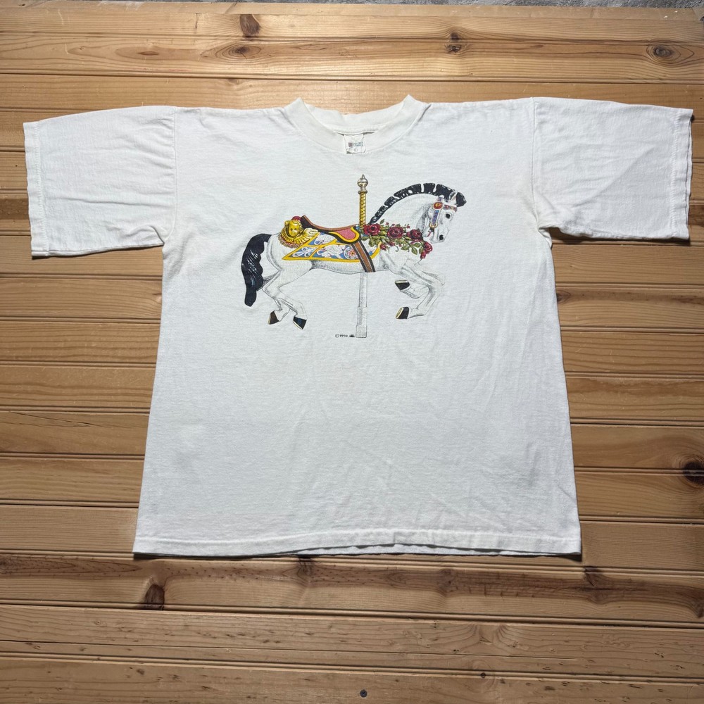 Vintage 1990 Carousel Horse Merry-Go-Round Fair Carnival Rose Graphic T-Shirt XL