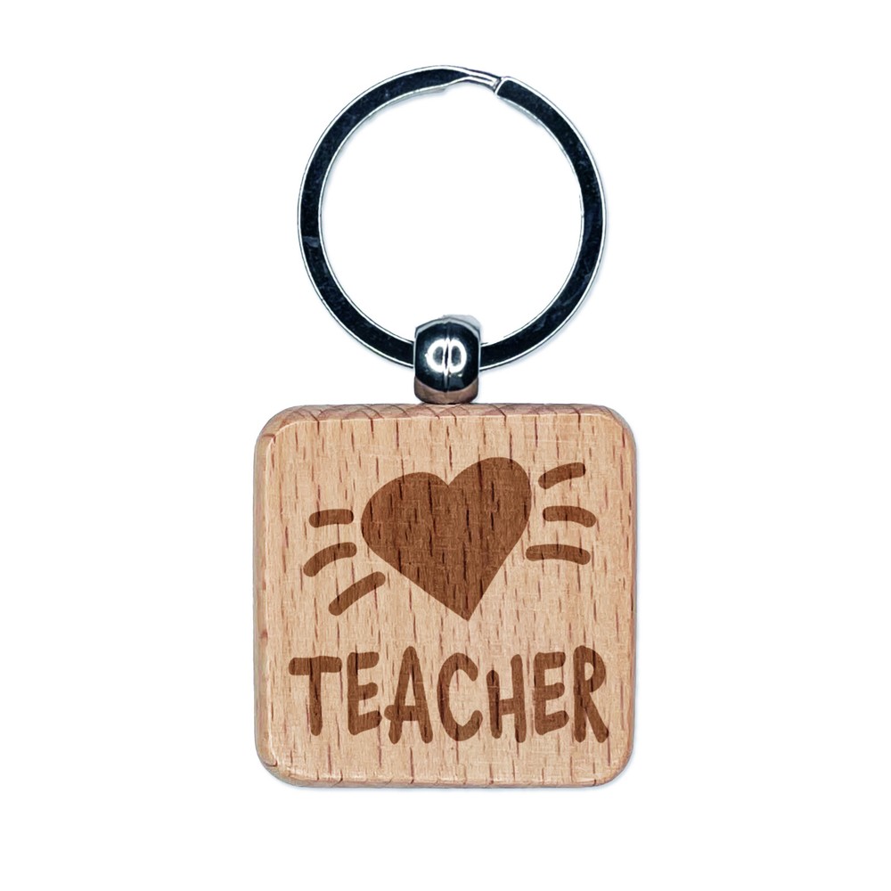 Teacher Love Heart Engraved Wood Square Keychain Tag Charm