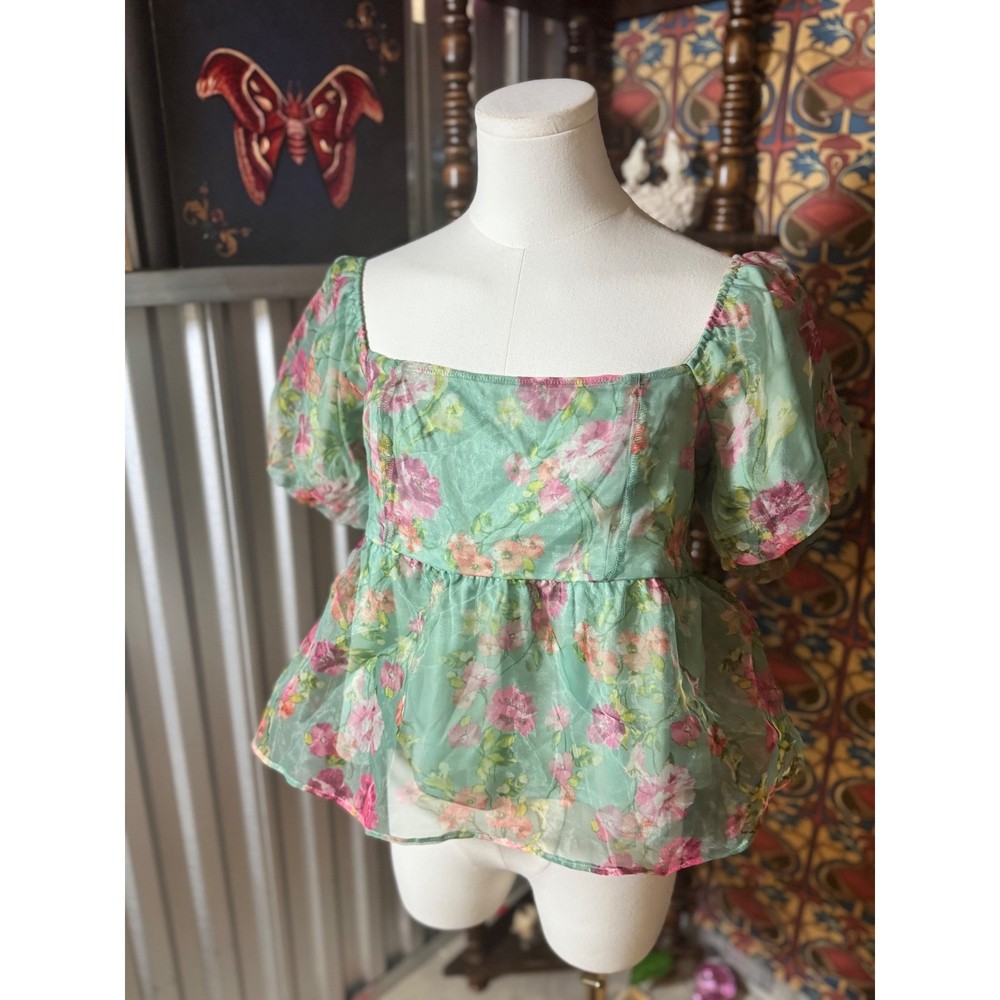 Honey & Sparkle XL Floral Top Puff Sleeve Peplum Blouse Square Neck Green Pink