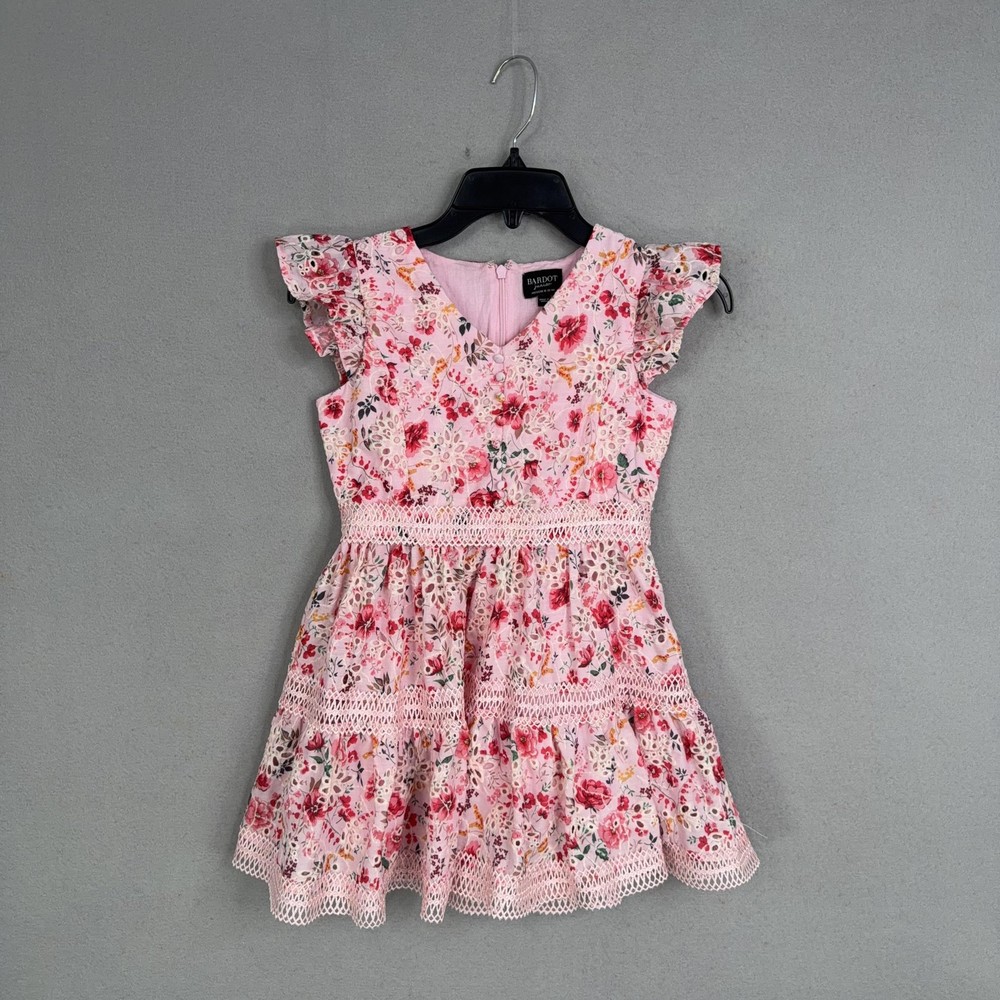 Bardot Junior Dress Girls 10 Pink Floral Lace Fit Flare Flutter Sleeve Party