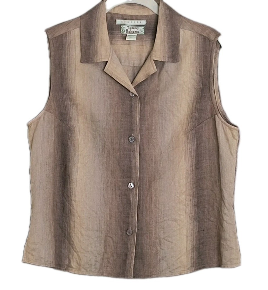 Tommy Bahama Women's M (8-10) Sleeveless Linen Blend Button Up Shirt Brown Ombre
