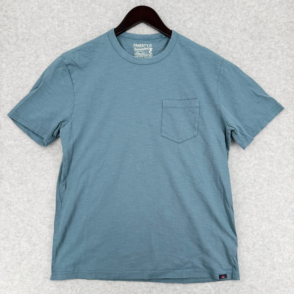 Faherty Sunwashed T-Shirt Mens Medium Organic Cotton Pocket Blue Teal Comfort