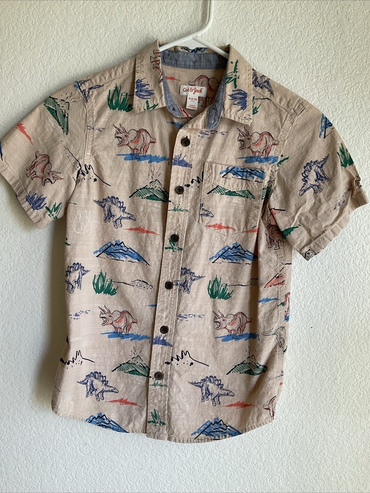 Cat And Jack Dinosaur Short Sleeve Button Up Tshirt Boys Medium 8/10