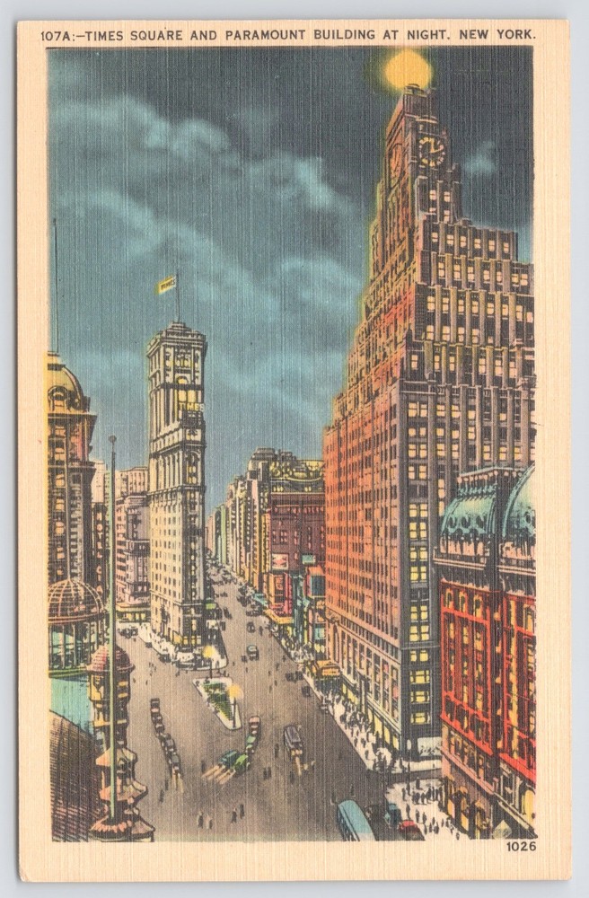 Linen~Air View Times Square & Paramount Building At Night NYC~Vintage Postcard