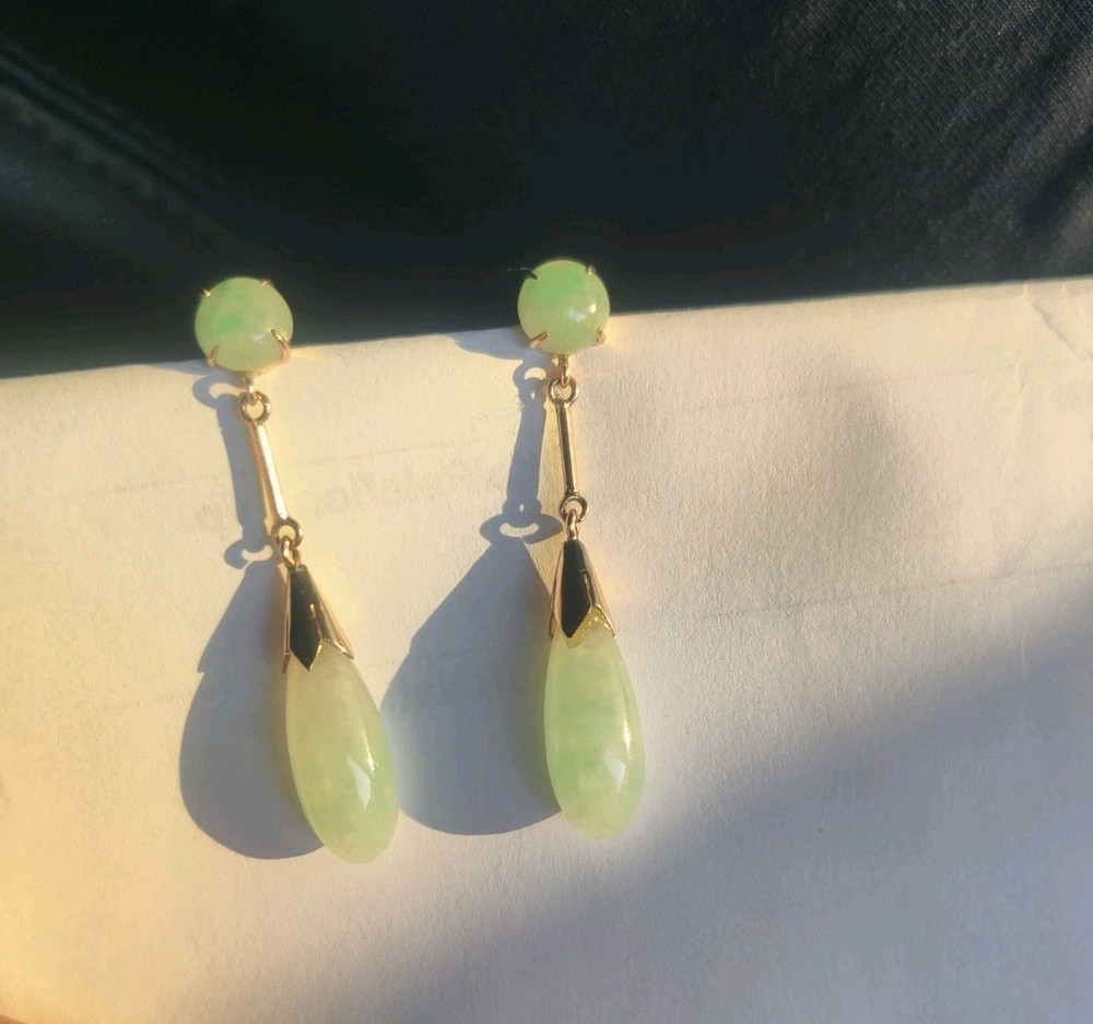 Vintage 14K Gold Asian Chinese? Icy Green ? Jade Jadeite Drop Earrings