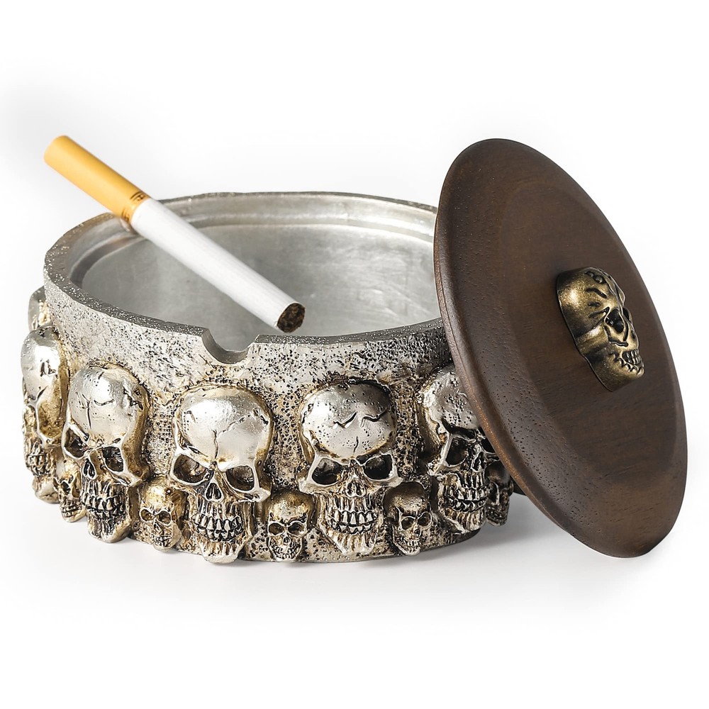 Skull Ashtray with Lid for Cigarettes Natural Resin Ash Tray for Indoor or Ou...