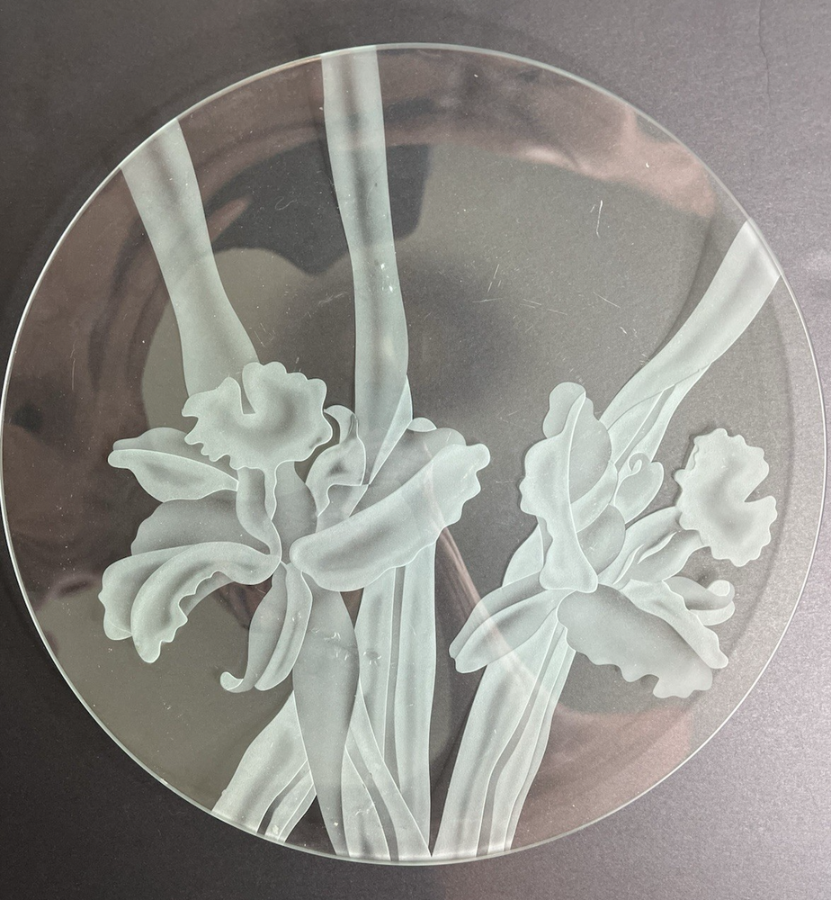 Vintage Sand Carved Irises Clear Glass Plate