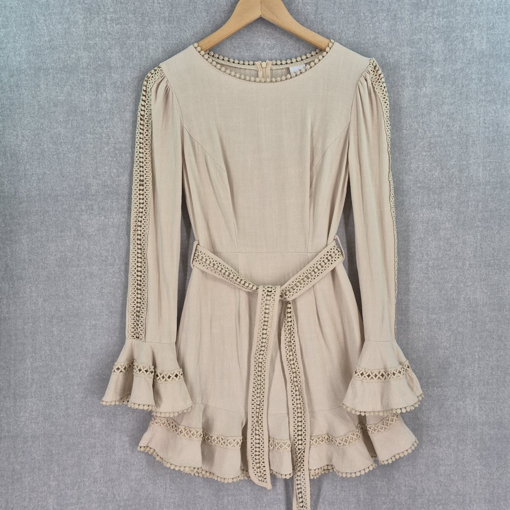 Selfie Leslie Dress Womens Small Beige 100% Linen Crochet Bell Sleeve Mini Boho