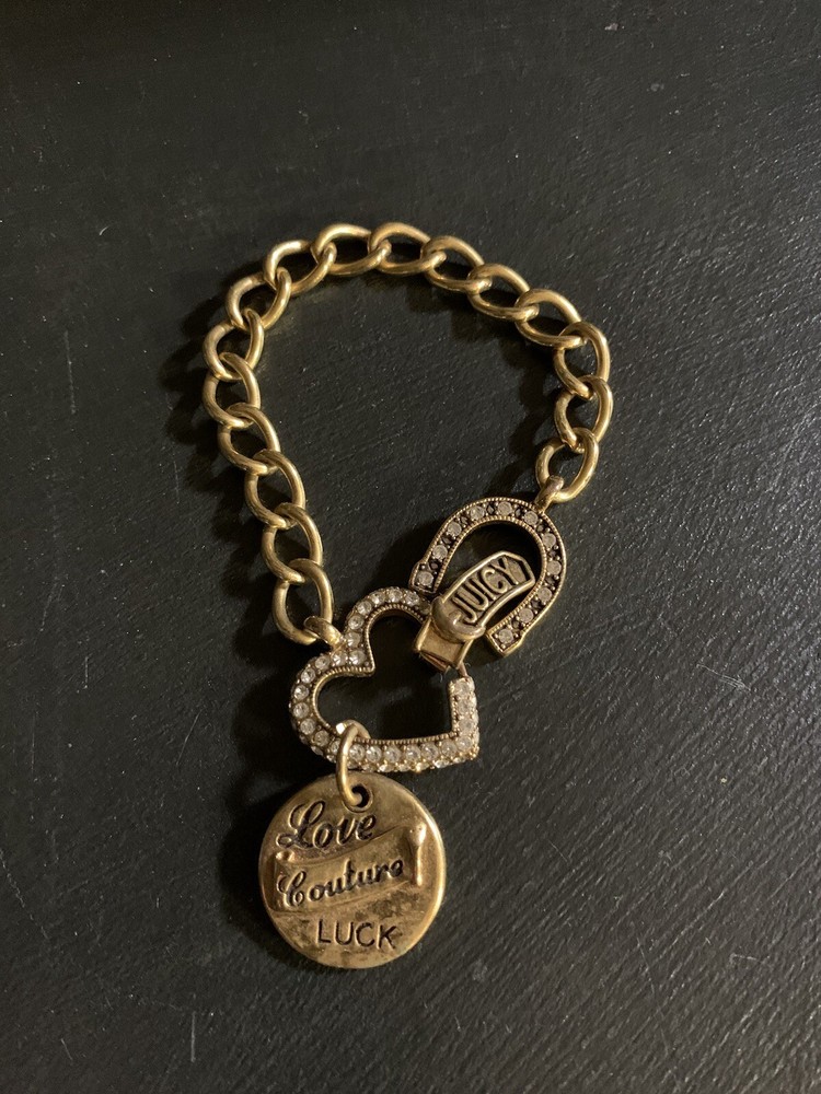 Juicy Couture Vintage Y2K Gold Tone Charm Bracelet Heart Diamond Bling Jewelry