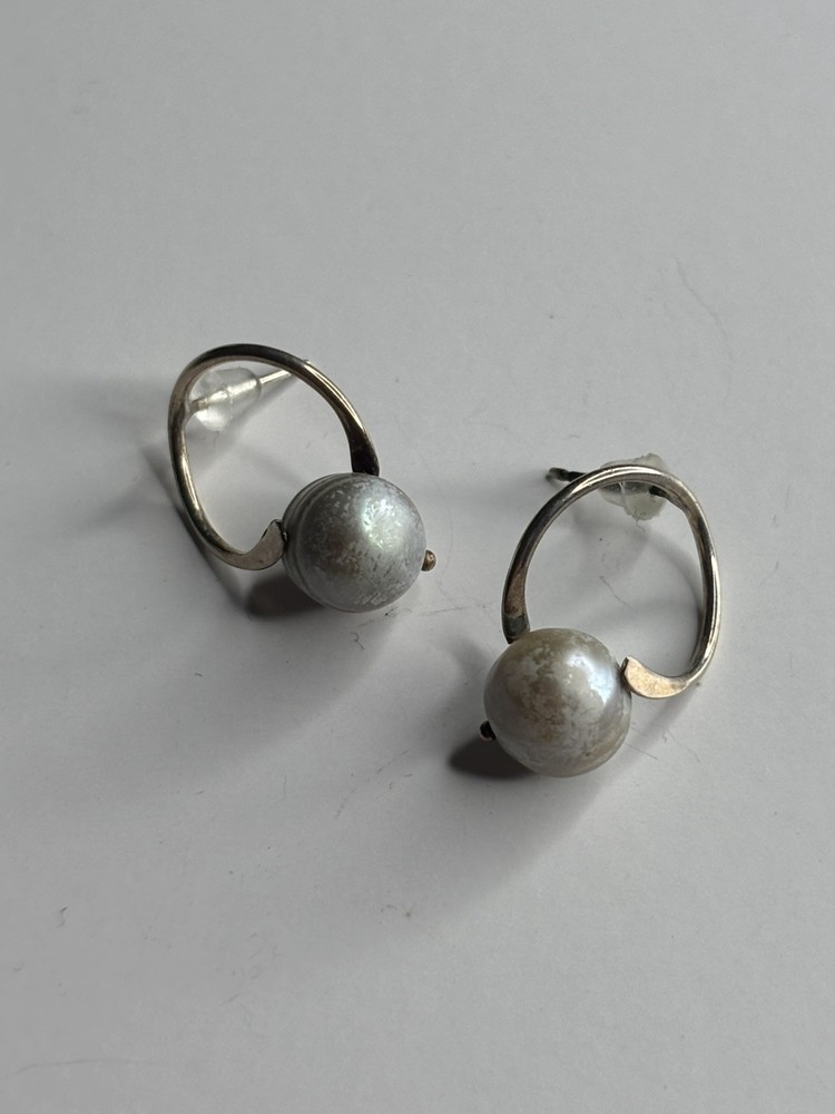 925 Sterling Silver Modernist Hoop Floating Ball Pearl Earrings Large Vintage