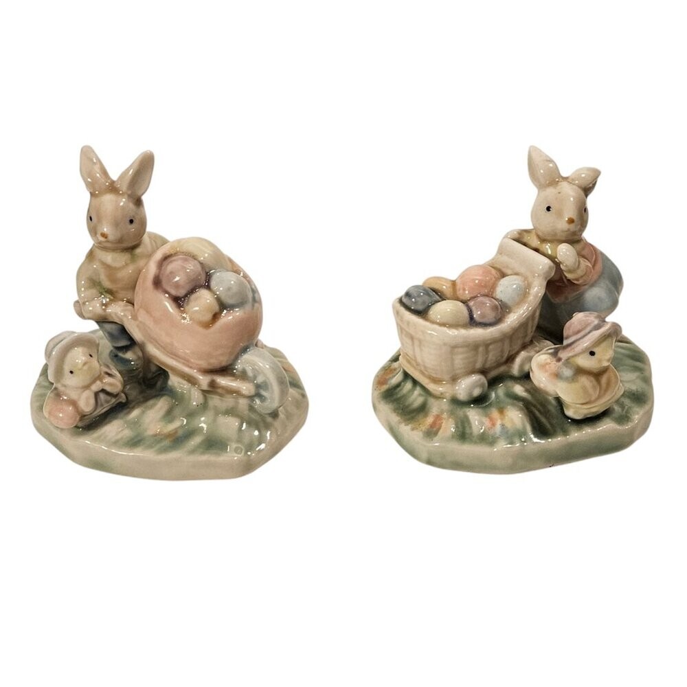Vintage Albert E Price Bunnies with Wheelbarrow Mom and Dad with Chicks - EUC!!!