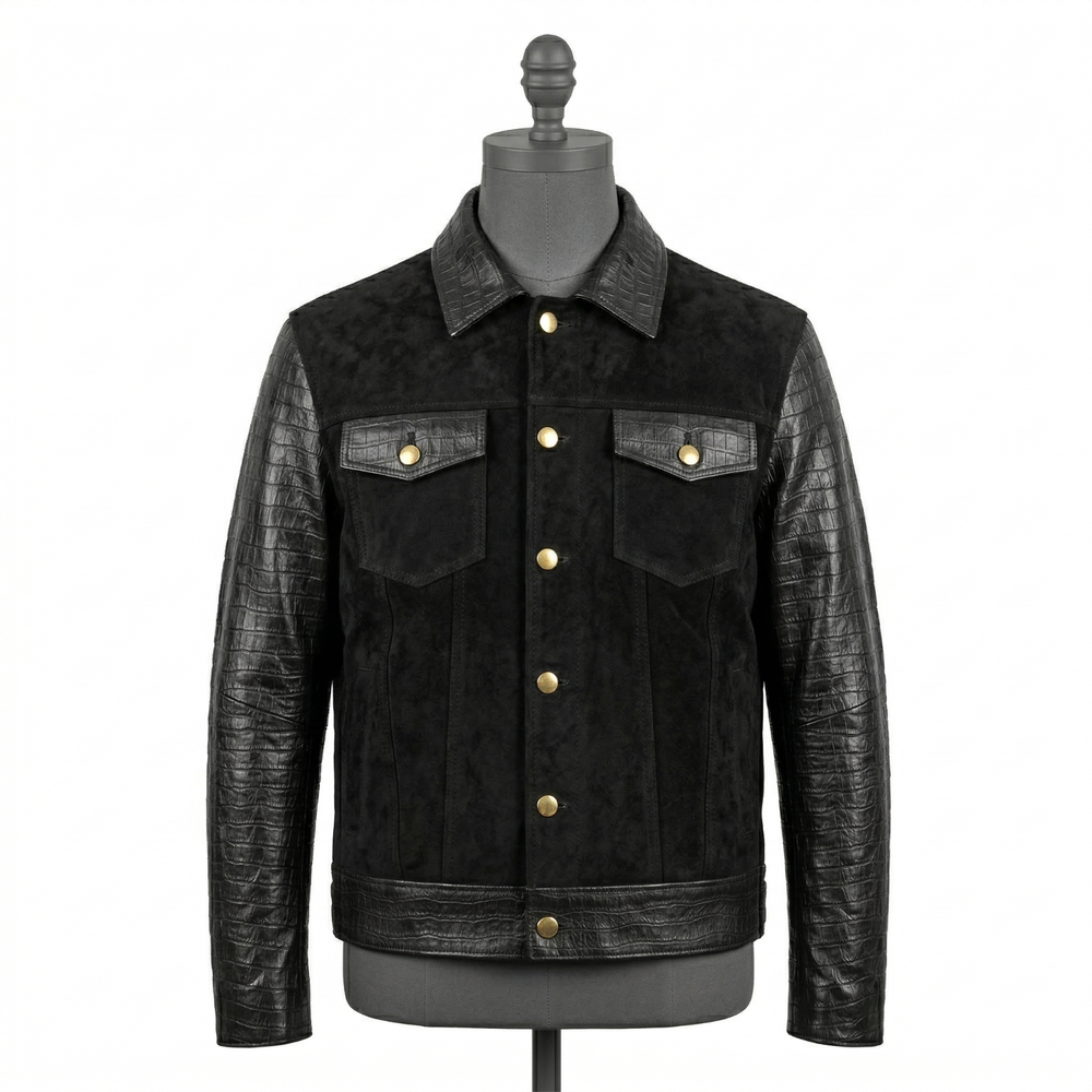 Men’s Black Real Leather Jacket Crocodile Embossed Sleeves Premium Suede Trucker