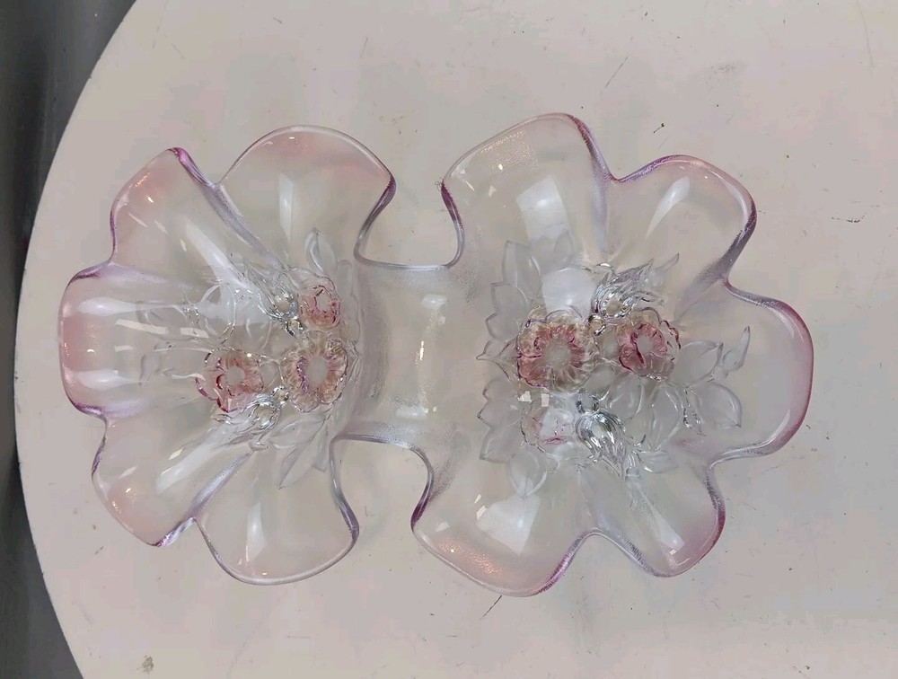 Vintage Mikasa Rosella Frosted Pink Glass Petal Shaped Double Serving Bowl 11