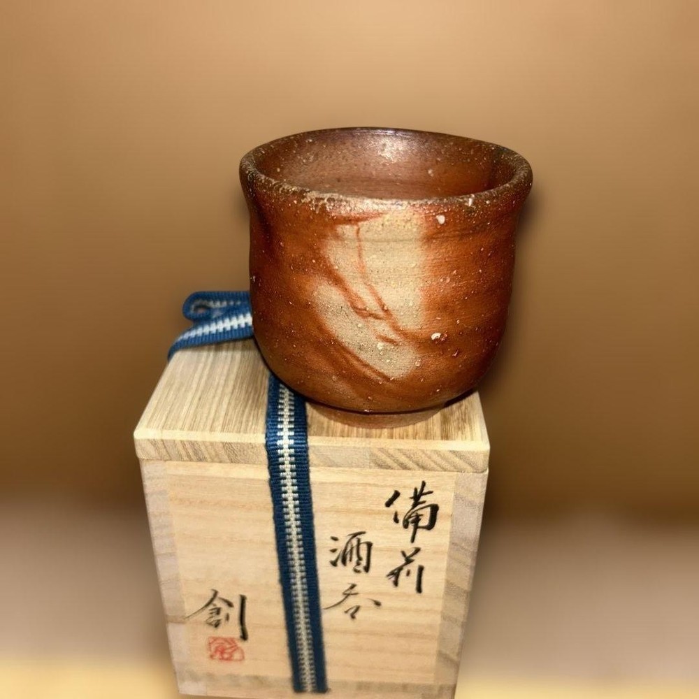 Bizen Ware Sake Cup by Hajime Isesaki Ceramic with Wooden Box Brown