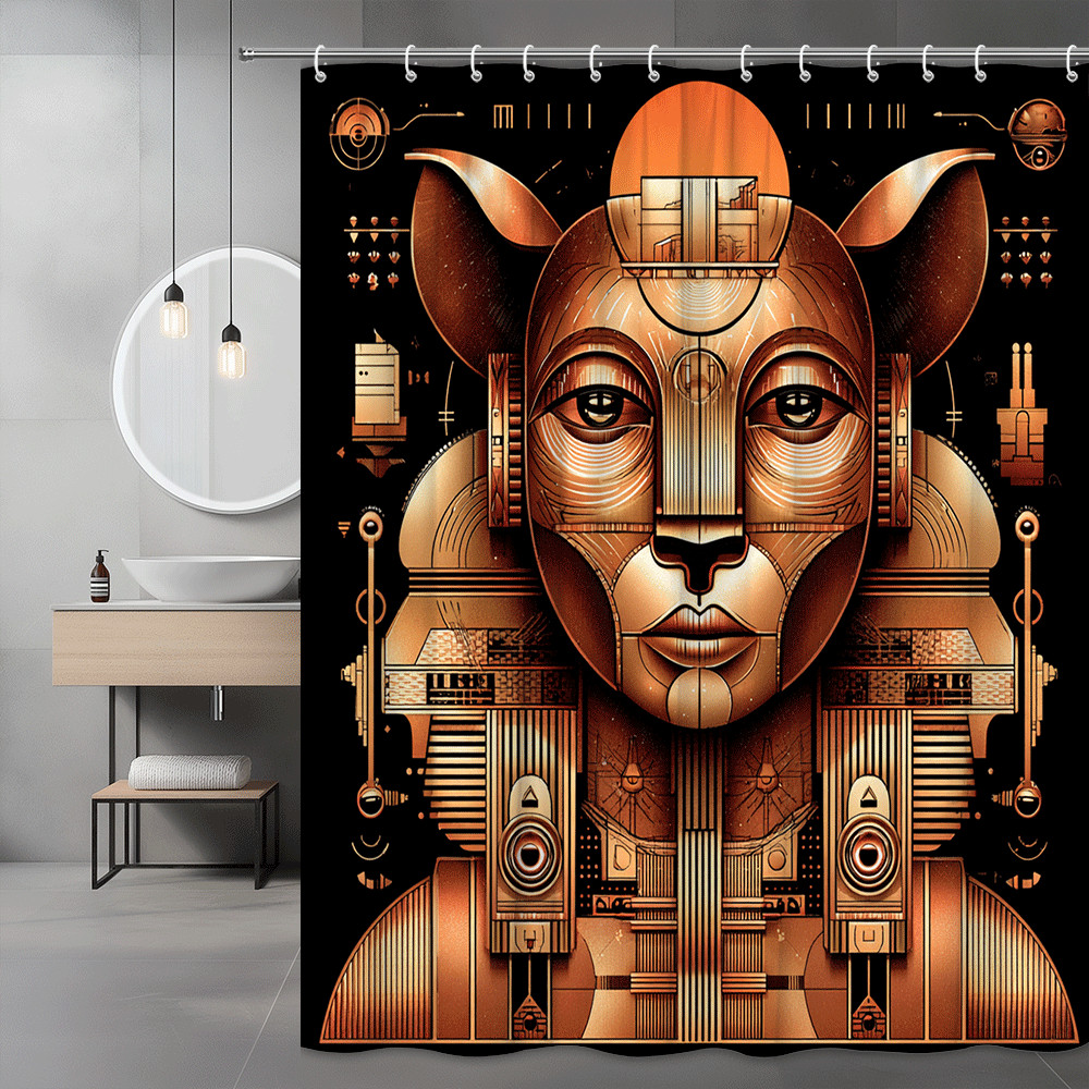 Art Deco Robot Cat Shower Curtain Black Copper Print