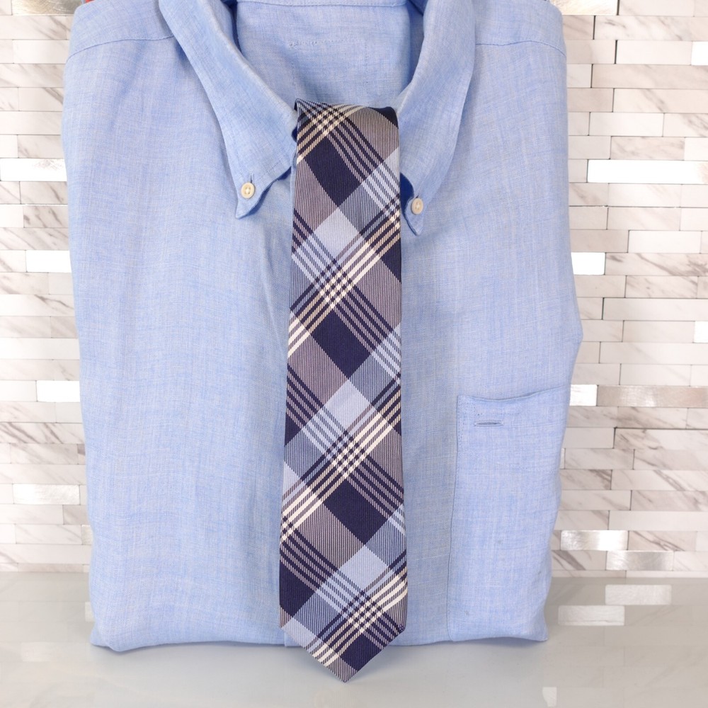 Pazzo Collection Neck Tie Mens Blue White Plaid Silk Skinny Slim Tartan Modern