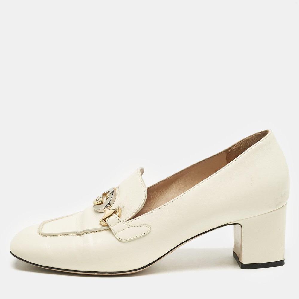 Gucci Off White Leather Zumi GG Block Heel Loafer Pump Size 40