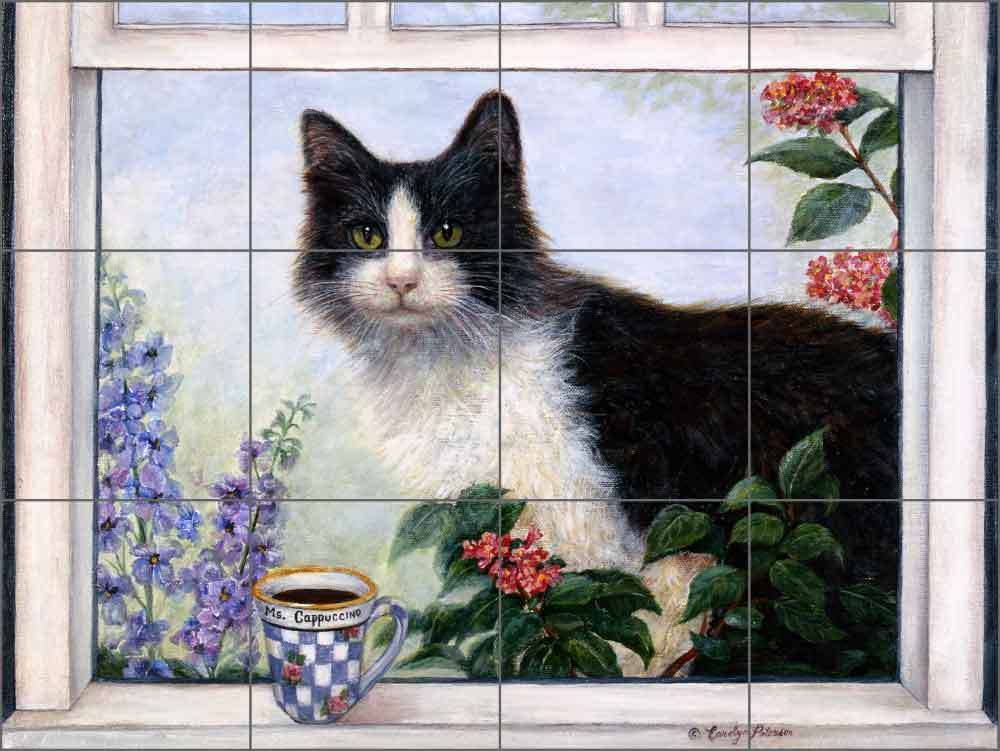 Ceramic Tile Mural Kitchen Backsplash Paterson Coffee Cat Art CPA007