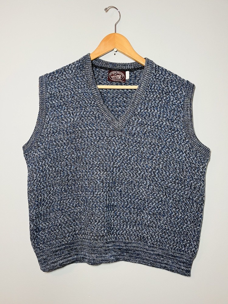 Vintage Blue Sweater Vest 90s Knit Grunge Grandpa Cardigan M Made USA Academia