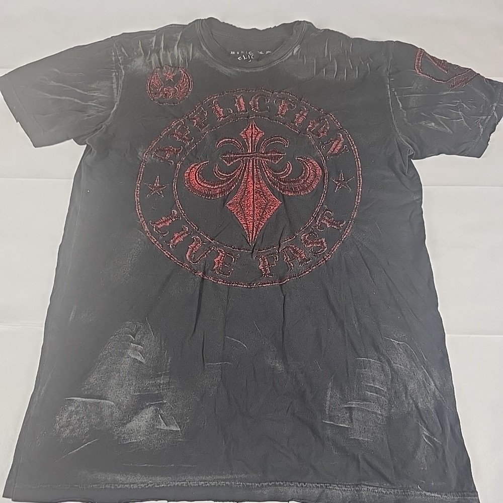 Affliction Mens T Shirt Black Live Fast Embroidered Sz XL Graphic Distressed Y2K
