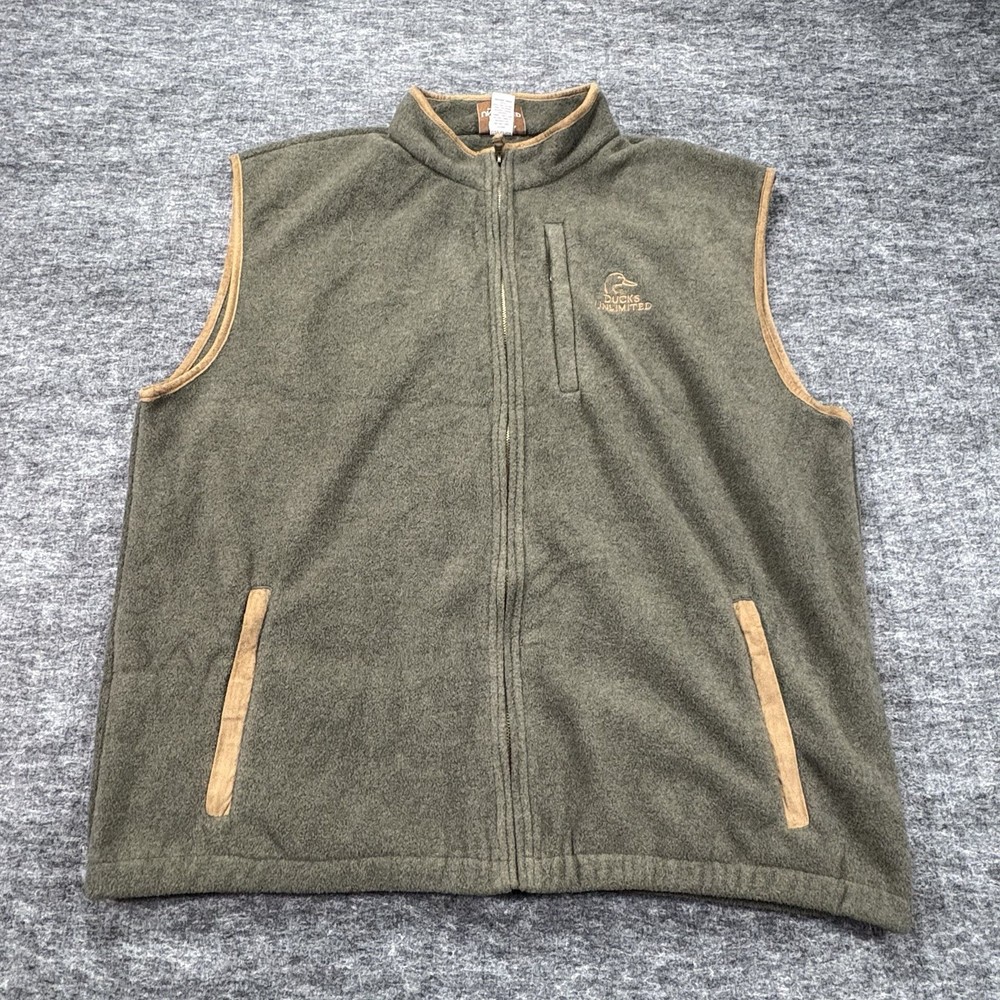 Ducks Unlimited Fleece Vest Mens XXL Green Full Zip Hunting Outdoor Casual
