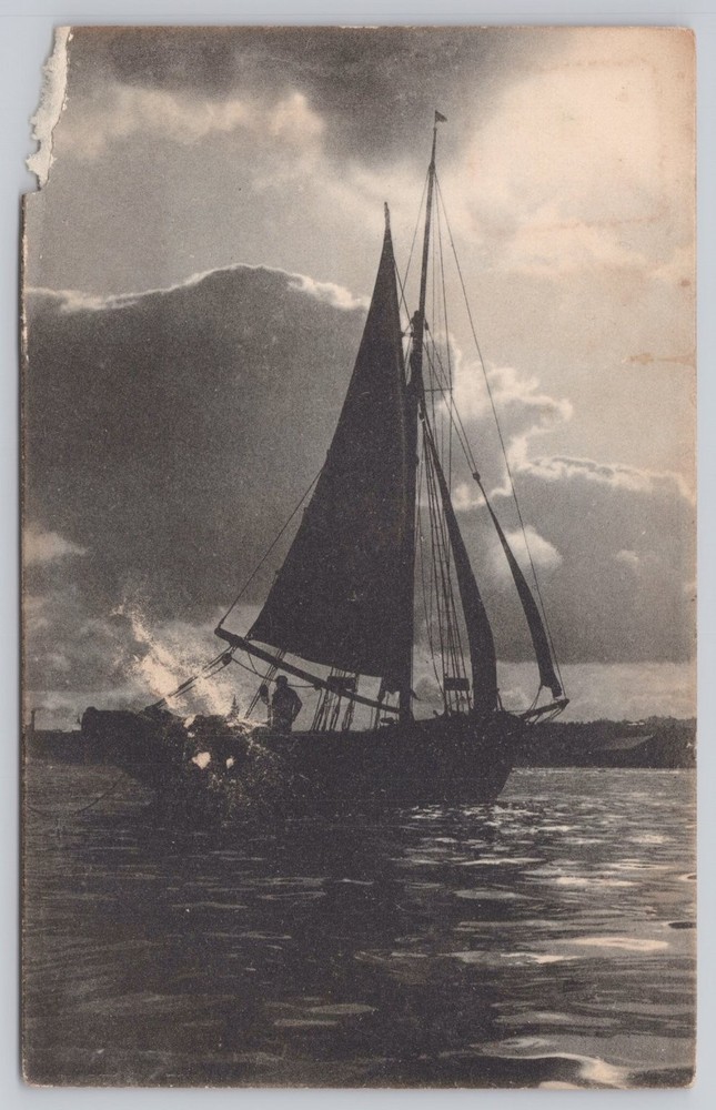 Vintage Postcard Sailing Schooner Boat Ocean Stormy Sky