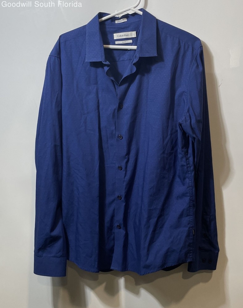 Calvin Klein Mens Blue Cotton Long Sleeve Slim Fit Button-Up Shirt Size L