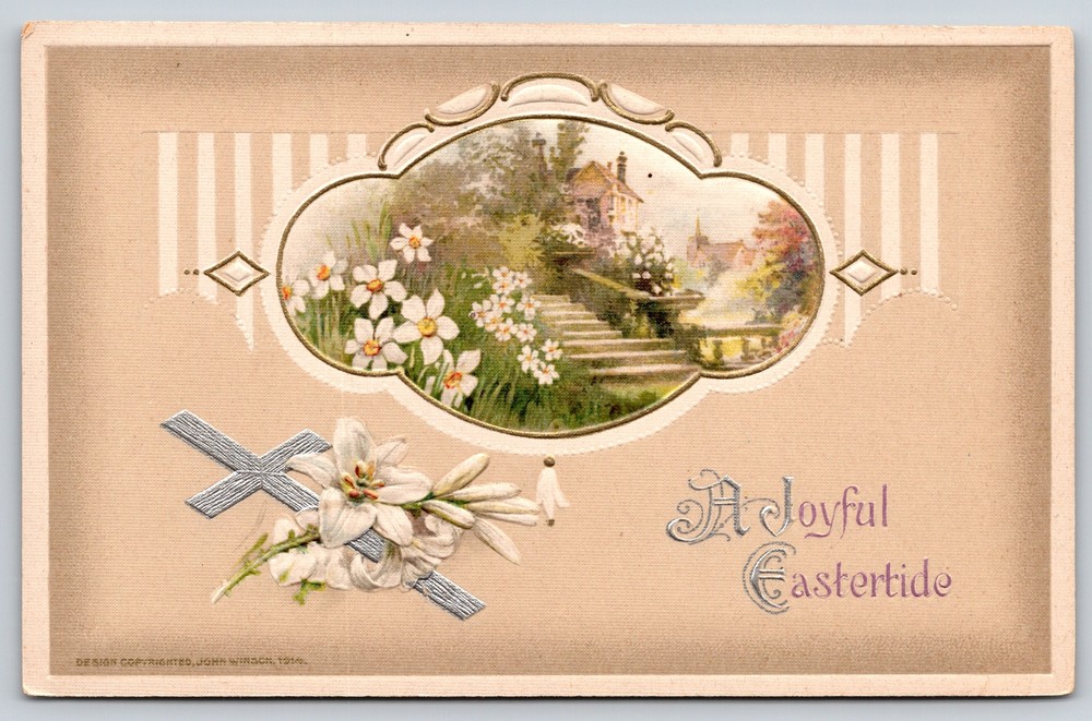 Holiday~Joyful Easter Tide~Silver Cross~Country Scene Inset~John Winsch 1914